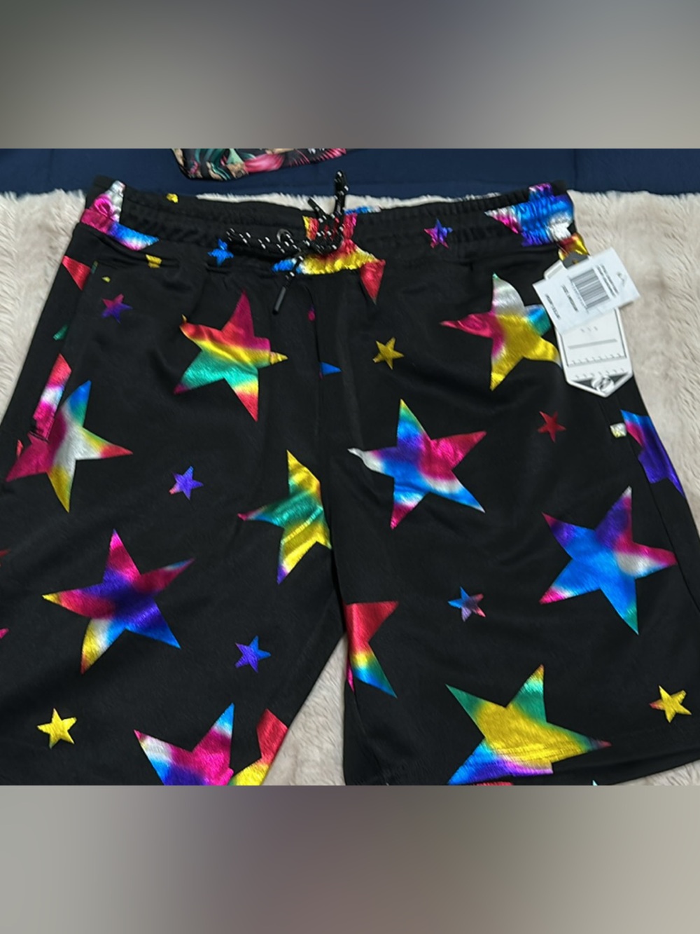 Men's Black Star-Print Flat Front Shorts with Rainbow Stars